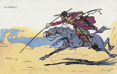 A Russian Cossack and his mount jump the border into Germany, his lance aimed squarely at Berlin. This French fantasy of its Russian ally sharply contrasted with the slow advance into East Prussia of the Russian First Army and the disastrous offensive of the Russian Second Army that ended in its destruction at %+%Event%m%40%n%Tannenberg%-%. Germany then turned back to the Russian First Army in the %+%Event%m%41%n%First Battle of the Masurian Lakes%-%, and drove it from Russia. Illustration by Kunder (?).

Text:
La Ruée!
Hambourg, Stettin, Francfort (an der Oder), Dresden
The Mad Dash!
Reverse:
Koister, Pinxit, 61, Faub. Poissonnière, Paris.