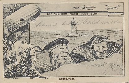Two German marines, of the IX and XI Marine Artillery, watching in the dunes along the North Sea or Baltic Sea coast.
Text:
Lieb Vaterland magst ruhig sein
Dünenwache.
XI and IX Matrosen Artillerie
Dear fatherland, you want to be quiet
Dunes guard.
XI and IX sailors artillery