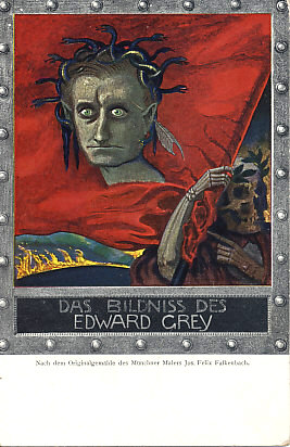 British Foreign Secretary Edward Grey as both Medusa and Dorian Gray. Pointed ears and a feather (quill pen?) behind his left.

Text:
Das Bildniss des Edward Grey
Nach dem Originalgemälde des Münchner Malers Jos. Felix Falkenbach.
After the original painting by the Munich painter Jos. Felix Falkenbach.

Reverse:
Kriegs Postkarte; Kriegspostkarte Nr. 67.
Logo:
CA & Co. (m.)