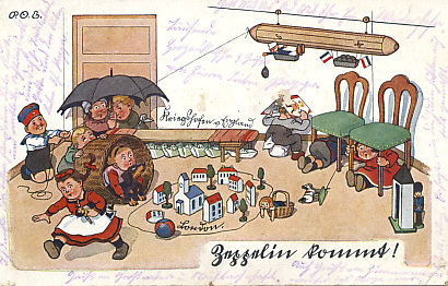 Zeppelin Kommt! Children play a Zeppelin raid on London. Holding his bomb in the gondola is a doll of the airship's inventor, Count Zeppelin. The other children, playing the English, cower, and the British fleet — folded paper boats — remains in port. Prewar postcards celebrated the imposing airships and the excitement they generated with the same expression, 'Zeppelin Kommt!'. Postcard by P.O. Engelhard (P.O.E.). The message on the reverse is dated May 28, 1915.
Text:
P.O.E.
? England
London
Zeppelin Kommt!
Reverse:
Message dated May 28, 1915
Stamped: Geprüft und zu befördern (Approved and forwarded) 9 Komp. Bay. L.I.N. 5